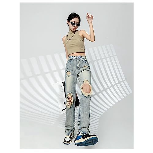 KASUTAM Damenunterteile Vintage High Waist Jeans Washed Baggy Ripped Straight Pants Casual Street Wide Leg Denim Hose Damen Sommer,Blau,M von KASUTAM