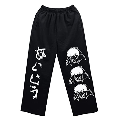 KASUTAM Japanische Harajuku Anime Print Hose Mit Weitem Bein Damen Hippie Streetwear Schwarze Jogginghose Im Koreanischen Stil Übergroße Hose,Schwarz,L von KASUTAM