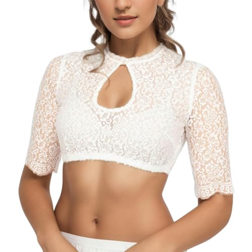 KATIAK Dirndlbluse Frauen Dirndl Blusen Spitzen Elegante Tops Bluse Für Hollow Out Crop Top-Weiß-XL von KATIAK