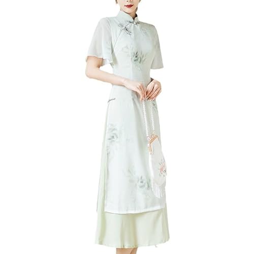 KATIAK Qipao Sexy,Chinesisches Traditionelles Kleid Langes Qipao Frisches Grünes Kleid Kurzarm Slim Fit Sommer Seitenschlitz Cheongsam für Frauen Grün S von KATIAK