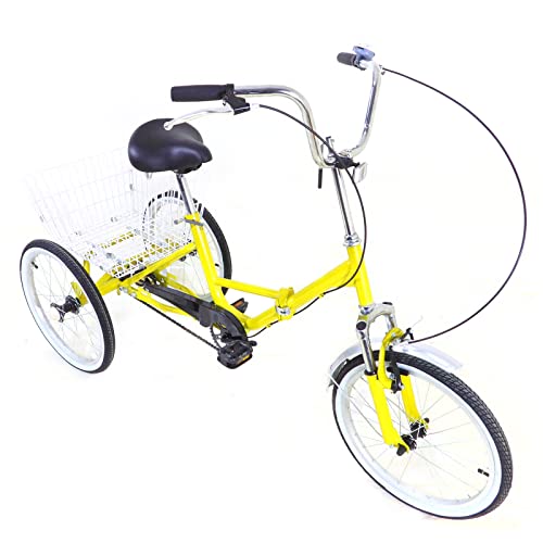 KAUITOPU 20 Zoll Dreirad, Faltrad Dreirad mit Einkaufskorb für Erwachsene Senioren 1 Gang 3 Räder Fahrrad mit verstellbarem Sitz Gelb von KAUITOPU