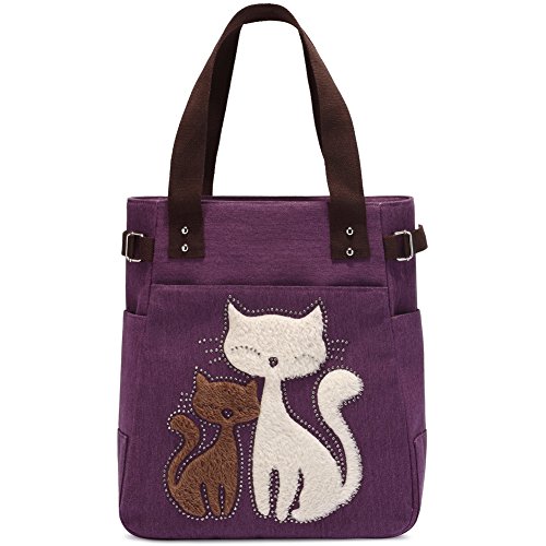 KAUKKO Frauen Leinwand Handtasche Umhängetasche Katze Große Tragetasche, Violett 1, Casual KAUKKO Frauen Leinwand Handtasche Umhängetasche Katze Große Tragetasche, Violett 1, Casual von KAUKKO
