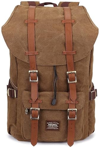 KAUKKO Unisex Canvas Rucksack im Vintage-Look mit Leder-Riemen als Schulrucksack, zum Wandern, Einkaufen, Reisen, Camping und für die Verwendung im Alltag,brown,L KAUKKO Unisex Canvas Rucksack im Vintage-Look mit Leder-Riemen als Schulrucksack, zum Wandern, Einkaufen, Reisen, Camping und für die Verwendung im Alltag,brown,L von KAUKKO