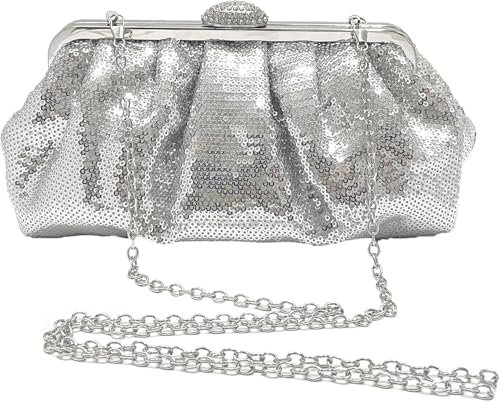 Frauen Einfarbig Fischschuppen Pailletten Plissee Clutch Bag Hardware Mit Strasssteinen Glänzende Crossbody Geldbörse (Silber) von KAYLEEKANG