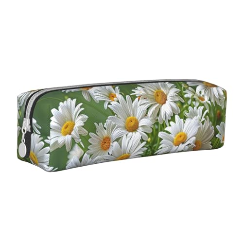 KCGSDEGV Niedliches Federmäppchen mit floralen Blumen und Gänseblümchen, bedrucktes Leder-Federmäppchen, Stifteetui, für Schule, Schreibwaren, Organizer, Stiftebox, weiß, Einheitsgröße, Schulranzen von KCGSDEGV