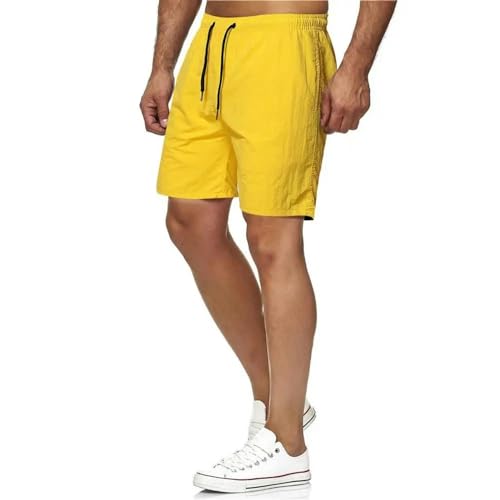 KCYSLY Shorts Herren Männer Board Shorts Quick Dry Einfarbige Baumwolle Kordelzug Taschen Strand Fitness Shorts-gelb-l von KCYSLY