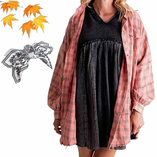 Alphabet Flanellhemd Frauen, Alphabet Flanellhemden, Karierte Button Down Hemden Frauen mit Taschen, Damen Nähte Raw Edge Washed Oversized Shirt Jacke (1Stück-E,XL_) von KDAKSA