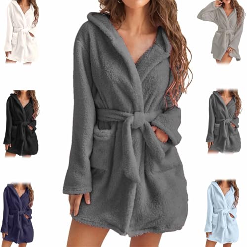 Belted Long Fuzzy Robe für Frauen, Womens Fuzzy Robe Mid Length, Mid Plush Length Bademantel mit Taschen, Soft Plush Hooded Long Bademantel Winter (1Stück-E,3XL_) von KDAKSA