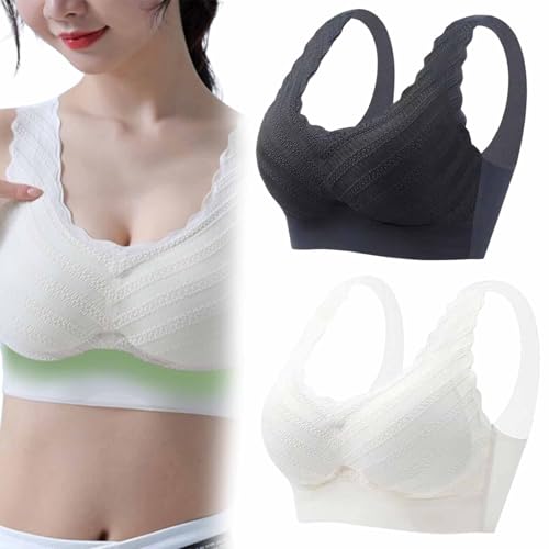 KDAKSA Lace Leaf Pattern Comfy Anti-Sagging Bra, Shaping & Powerful Lifting Bra, Full Coverage Seamless Bra, Compression Bra Women Breathable Front Hooks (2PCS-D,XL_) von KDAKSA