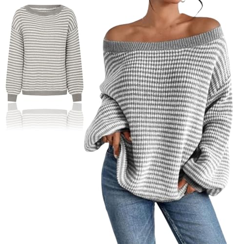 Women 's Striped Off-The-Shoulder Pullover, Lässig Locker Gestreift Off Shoulder, Off The Shoulder Pullover, Women 's Loose Striped Knit Sweater mit Rundhalsausschnitt (1Stück-B,L_) von KDAKSA