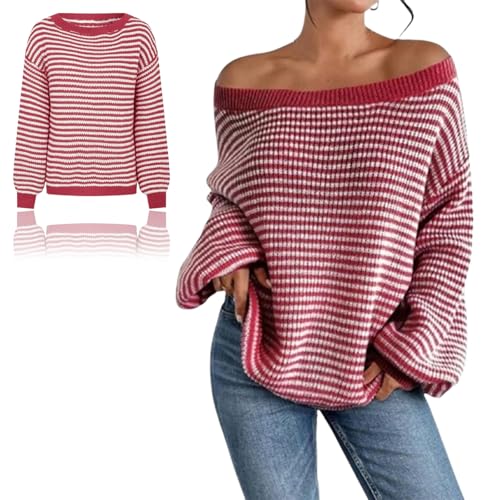 Women 's Striped Off-The-Shoulder Pullover, Lässig Locker Gestreift Off Shoulder, Off The Shoulder Pullover, Women 's Loose Striped Knit Sweater mit Rundhalsausschnitt (1Stück-D,S_) von KDAKSA