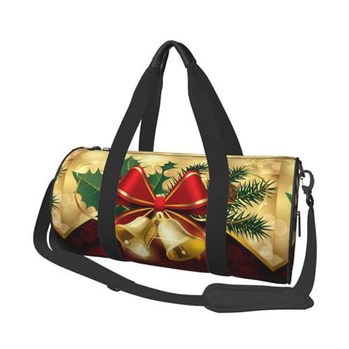 Weihnachten, rotes Band, Gold, Glocken, Reisetasche mit großem Fassungsvermögen, runde Handtasche, Sport-Reisetasche, Einkaufstasche, Fitness-Tasche von KEDDJI