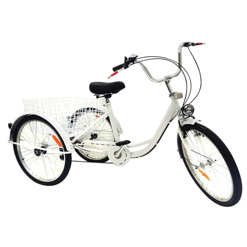 KEESUNG Dreirad für Erwachsene 24", 6 Gang Fahrrad Trike mit Licht & Einkaufskorb 3-Räder Fahrrad für Erwachsene Senioren, City Tricycle Fahrrad für Fahrten, Einkaufen, Outdoor-Aktivitäten/Weiß von KEESUNG
