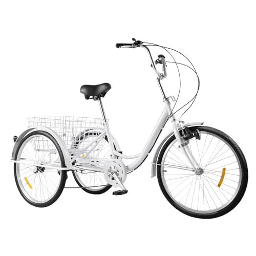 KEESUNG Dreirad für Erwachsene 24", 6 Gang Fahrrad Trike mit Licht & Einkaufskorb 3-Räder Fahrrad für Erwachsene Senioren, City Tricycle Fahrrad für Fahrten, Einkaufen, Outdoor-Aktivitäten/Weiß von KEESUNG