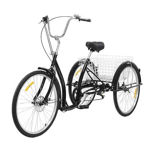 KEESUNG Erwachsene Dreirad 26 Zoll, 6-Gang 3 Räder Fahrrad mit Einkaufskorb Schwarz Dreirad für Erwachsene Senioren, City Tricycle Fahrrad für Menschen mit Einer Höhe von 5.41-6.07ft von KEESUNG