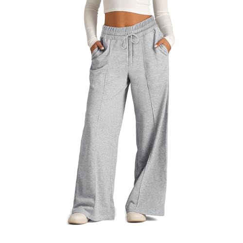 KEKUBUWE Jogginghose mit weitem Bein für Damen, Bequeme Baggy-Hose mit hoher Taille, Sportliche Jogginghose mit Kordelzug, Yoga-Trainingshose (Light Grey,M) von KEKUBUWE