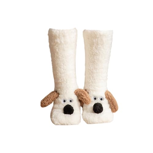 KEKUBUWE Süße Sockenpantoffeln für Damen, rutschfeste, schweißfeste, warme, süße, Flauschige Hausschuhe mit Cartoon-Tieren (White,One Size) von KEKUBUWE