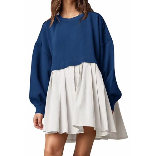 KEKUBUWE Übergroßes Sweatshirtkleid für Damen, Langärmliges Rundhalspullover-Oberteil, Übergroßes Patchwork-Sweatshirtkleid (Blue + White,XXL) von KEKUBUWE