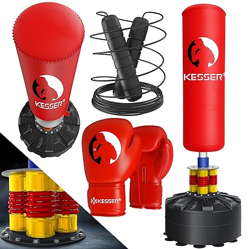 KESSER® Boxsack Set stehend Erwachsene mit Boxhandschuhe + Springseil, Kickboxsack, Freistehender Standboxsack MMA Boxpartner Boxing Trainer Fitness Boxsack mit Saugfuß Rot von KESSER