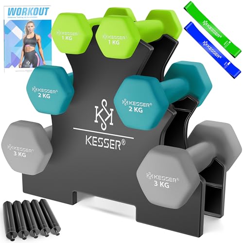 KESSER® Hantel-Set, 3 Paar, 1kg - 5kg, 12kg oder 18kg kurzhanteln mit Ständer Aufbewahrung, Fitnessstudio, Krafttraining, Hantelset rutschfeste Neopren, Mit Übungsheft, 2x Fitnessbänder von KESSER