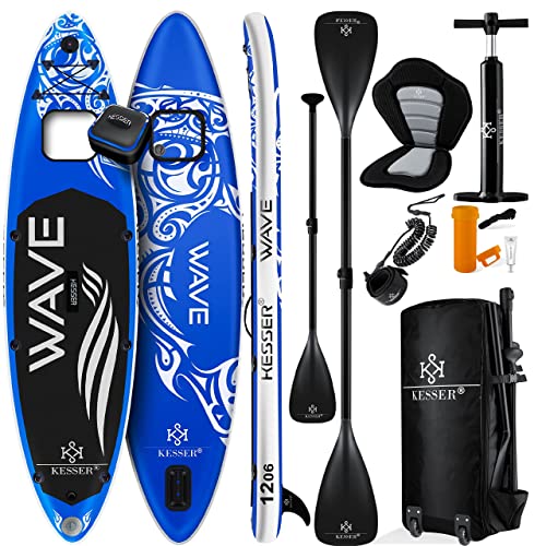 KESSER® SUP Board Aufblasbar Set mit Sichtfenster Stand Up Paddle Board Premium Surfboard Wassersport | 6 Zoll Dick | Komplettes Zubehör | 130kg | 380x77x15cm 12.6' | Blau von KESSER