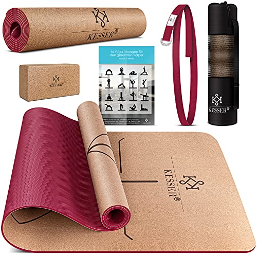 KESSER® Yogamatte Kork Inkl. Tragegurt Tasche & Yoga-Block Gymnastikmatte rutschfest aus Naturkautschuk TPE Fitnessmatte, 183 x 62 Trainingsmatte für Fitness Sportmatte, Gymnastik extradick von KESSER