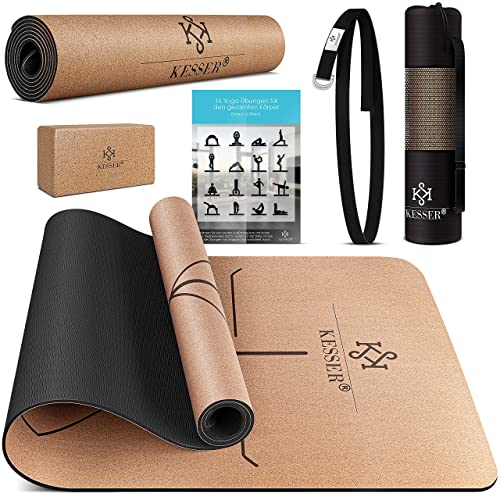 KESSER® Yogamatte Kork Inkl. Tragegurt Tasche & Yoga-Block Gymnastikmatte, rutschfest Matte aus Naturkautschuk TPE Fitnessmatte, 183 x 62 Trainingsmatte für Fitness Sportmatte, Gymnastik extradick von KESSER