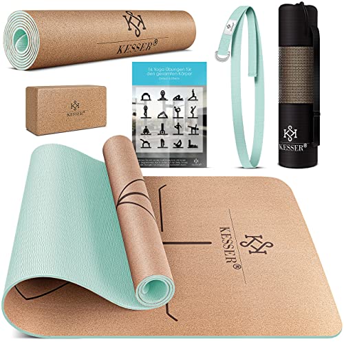 KESSER® Yogamatte Kork Inkl. Tragegurt Tasche & Yoga-Block Gymnastikmatte Matte rutschfest aus Naturkautschuk TPE Fitnessmatte, 183 x 62 Trainingsmatte für Fitness Sportmatte, Gymnastik extradick von KESSER