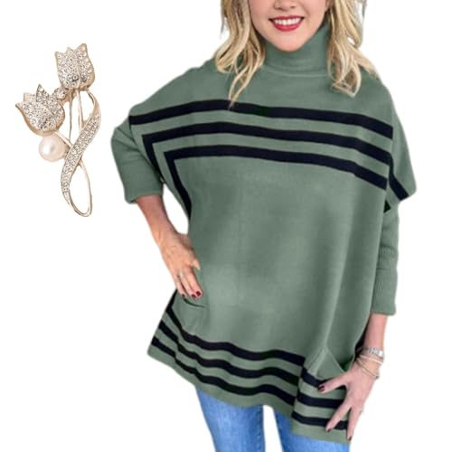 Turtleneck Bat Sleeve Striped Sweater, Women's High Neck Bat Sleeve Striped Sweater, Bat Sleeve Sweater for Women (Green,L) von KEYGEM