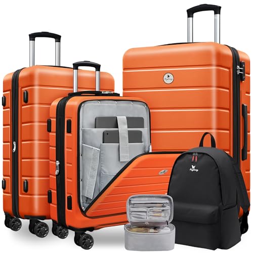 KEYTANG Klassischer, Leichter Hartschalen-Koffer, erweiterbar, mit TSA-Schloss, Orange, 5-teiliges Set, Orange/Abendrot im Zickzackmuster (Sunset Chevron), New-5 Piece Set, Klassischer, Leichter von KEYTANG