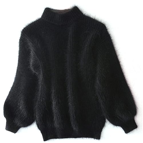 Mischung lockerer Warmer Pullover lässiger Dicker Rollkragenpullover Rundhals Strickpullover Flauschiger Plüschpullover (Schwarz,Einheitsgröße) von KEYULI