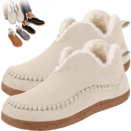 KEYULI Frauen Winter Plüsch gefüttert Flache Schuhe Bequeme orthopädische Bogen Unterstützung Outdoor Walking Schuhe Klassische rutschfeste Knöchel Schneestiefel (Beige,40) von KEYULI