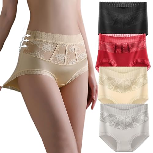 KEYULI Women 's Triangle Pants Lace Panties High Waist Underwear,High Waisted Tummy Control Briefs No Show Briefs, Vicsecrets Luxury Satin Seamless Shaping Briefs (4Stück-A,L [50-60kg]) von KEYULI