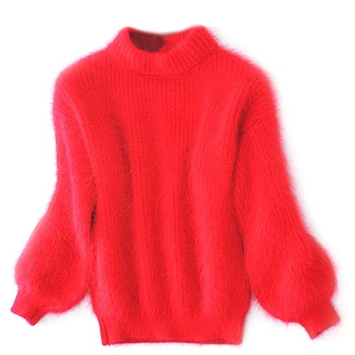 Mischung lockerer Warmer Pullover lässiger Dicker Rollkragenpullover Rundhals Strickpullover Flauschiger Plüschpullover (Rot,Einheitsgröße) von KEYULI