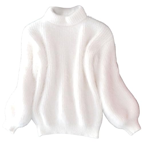 Mischung lockerer Warmer Pullover lässiger Dicker Rollkragenpullover Rundhals Strickpullover Flauschiger Plüschpullover (Weiß,Einheitsgröße) von KEYULI