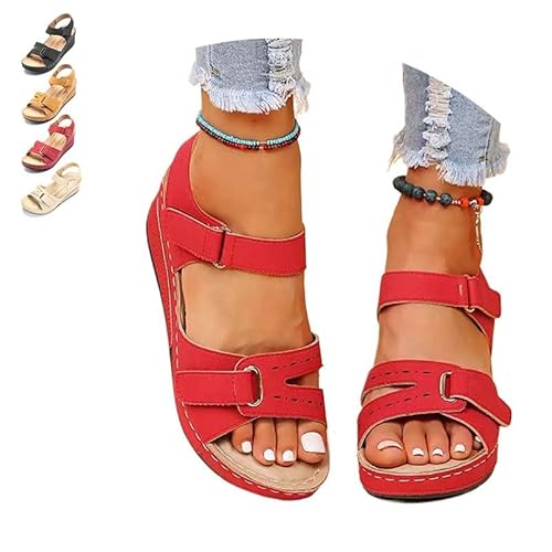 Orthopedic Sandals Dressy Summer Comfortable Walking Sandals with Arch Support Platform Sandals Wedge Slides Shoes (Red,37 EU) von KEYULI