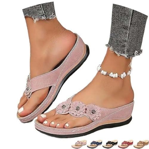 Women’s Orthopedic Arch Support Flowers Clip Toe Sandals Comfortable Walking Sandals Soft Low Platform Wedges Sandals (Pink,40 EU) von KEYULI