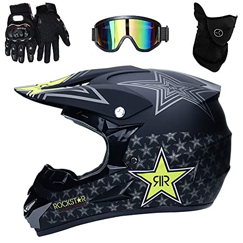 Volles Gesicht MTB Motocross Helm Satz, mit Brille Maske Handschuhe, Jugend Kind Offroad Enduro ATV Roller Motorrad Helm, Extremsport Bergab BMX Dirtbike Absturz Helm(Matte Black,S/52-53CM) von KHBTFNB