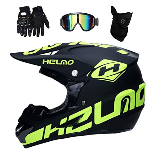 Volles Gesicht Motocross-Helm Satz, Jugend Kind Offroad ATV Roller MTB Motorrad Absturz Helm, Downhill Enduro BMX Dirtbike Helm Schutzausrüstung, mit Brille Handschuhe Maske(E,S/52-53CM) von KHBTFNB