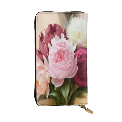 KHDKLXOHZ Stilvolle Pfingstrose Blumen Blüte Lange Ledergeldbörse für Frauen - Große Kapazität PU Leder Geldbörse Handy Kartenhalter Etui Kreditkarte Geldbörse Classy Clutch für Damen & Herren, 3D, von KHDKLXOHZ