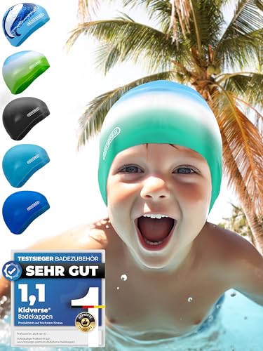 KIDVERSE Badekappe Kinder 6-9 Jahre - Badehaube Kinder mit Anti-Rutsch-Noppen für maximalen UV Schutz Schwimmhaube Kinder - Reißfest & wasserdicht - Schwimmkappe Blau Weiß Türkis KIDVERSE Badekappe Kinder 6-9 Jahre - Badehaube Kinder mit Anti-Rutsch-Noppen für maximalen UV Schutz Schwimmhaube Kinder - Reißfest & wasserdicht - Schwimmkappe Blau Weiß Türkis von KIDVERSE