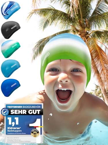 KIDVERSE Badekappe Kinder 6-9 Jahre - Badehaube Kinder mit Anti-Rutsch-Noppen für maximalen UV Schutz Schwimmhaube Kinder extra reißfest & wasserdicht - Schwimmkappe Blau Weiß Grün KIDVERSE Badekappe Kinder 6-9 Jahre - Badehaube Kinder mit Anti-Rutsch-Noppen für maximalen UV Schutz Schwimmhaube Kinder extra reißfest & wasserdicht - Schwimmkappe Blau Weiß Grün von KIDVERSE