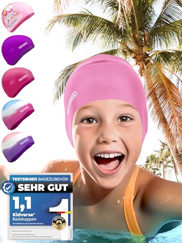 KIDVERSE Badekappe Mädchen - wasserdichte Badekappe Kinder mit Anti-Rutsch-Noppen - Badehaube Kinder - UV Schutz Schwimmhaube Kinder 100% reißfest - Schwimmkappe Kinder von KIDVERSE