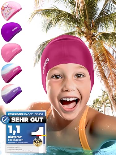 KIDVERSE Badekappe Mädchen - wasserdichte Badekappe Kinder mit Anti-Rutsch-Noppen - Badehaube Kinder - UV Schutz Schwimmhaube Kinder 100% reißfest - Schwimmkappe Kinder von KIDVERSE