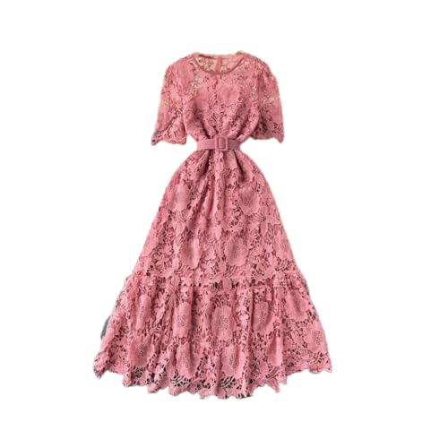 Boho Kleid Damen, Damen-Spitzenkleid, Modisch, Schick, Schmales Kleid, Kurze Ärmel, Mit Gürtel, Hohle Stickerei, Swing-Rock, Spitze, Vintage, Formelles Hochzeitsgast-Cocktail-Partykleid, Rosa von KIMCCI