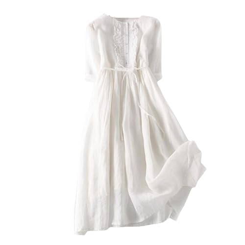 Damen Kleid, Damen-Baumwoll-Leinen-Kleid, Sommer, Kurzarm, O-Ausschnitt, Knopfleiste, Rüschenkleid, Bindegürtel, Boho, Für Party, Bankett, Strandurlaub, Weiß, XL Damen Kleid, Damen-Baumwoll-Leinen-Kleid, Sommer, Kurzarm, O-Ausschnitt, Knopfleiste, Rüschenkleid, Bindegürtel, Boho, Für Party, Bankett, Strandurlaub, Weiß, XL von KIMCCI