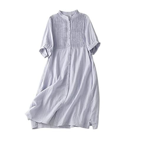 Damen Kleid, Damen Lockeres Baumwoll-Leinenkleid Sommer Kurzarmkleid Brust Plissee Hemdkleid Knopfleiste Mit Tasche Boho Für Party Bankett Strandurlaub,Blau,M Damen Kleid, Damen Lockeres Baumwoll-Leinenkleid Sommer Kurzarmkleid Brust Plissee Hemdkleid Knopfleiste Mit Tasche Boho Für Party Bankett Strandurlaub,Blau,M von KIMCCI
