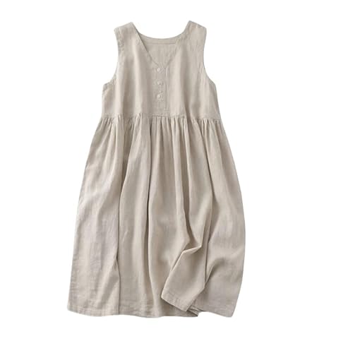 Damen Kleid, Damenkleid Aus Baumwolle Und Leinen, Sommer, Einfarbig, Ärmellos, V-Ausschnitt, Weich Und Atmungsaktiv, Boho-Kleid Für Büro, Party, Bankett, Strandurlaub,Beige,L Damen Kleid, Damenkleid Aus Baumwolle Und Leinen, Sommer, Einfarbig, Ärmellos, V-Ausschnitt, Weich Und Atmungsaktiv, Boho-Kleid Für Büro, Party, Bankett, Strandurlaub,Beige,L von KIMCCI