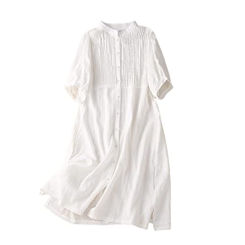 Damen Kleid, Loses Damen-Baumwoll-Leinen-Kleid, Sommer, Kurzarm, Brust, Plissee, Hemdkleid, Knopfleiste, Mit Tasche, Boho, Für Party, Bankett, Strandurlaub,Weiß,L Damen Kleid, Loses Damen-Baumwoll-Leinen-Kleid, Sommer, Kurzarm, Brust, Plissee, Hemdkleid, Knopfleiste, Mit Tasche, Boho, Für Party, Bankett, Strandurlaub,Weiß,L von KIMCCI