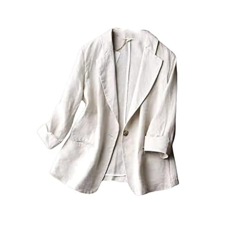 KIMCCI Blazer Damen Elegant,Baumwoll-Leinen-Blazer-Jacke Anzug Sommer 3/4-Ärmel Strickjacke Vorne Offen Kerbtasche Arbeit Business Casual Blazer Anzüge Jacke Für Damen Leichte Anzugjacke,Apricot,L von KIMCCI